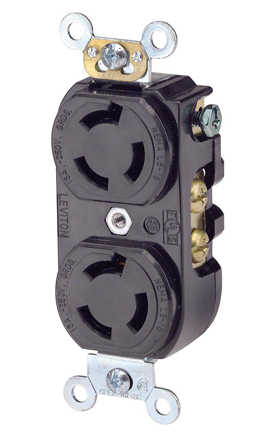 Leviton 4550 15 Amp receptáculo de bloqueo, 250 V, Duplex, de grado industrial, toma de tierra, color negro