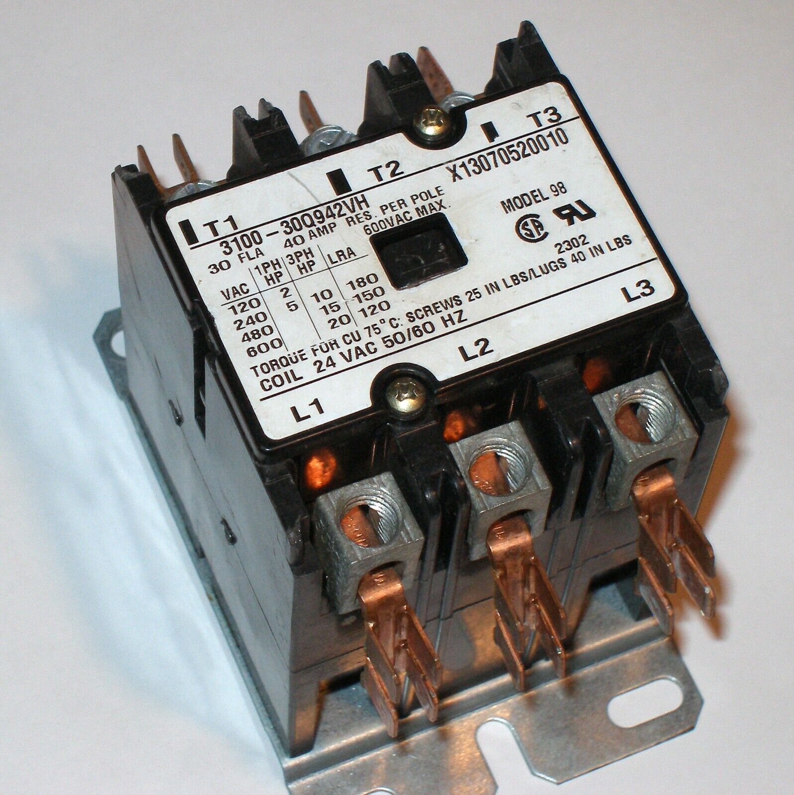 Conjunto de contactor de 3 polos Trane 3100-30Q942VH X13070520010 HVAC 24V 40A 600V (USADO)