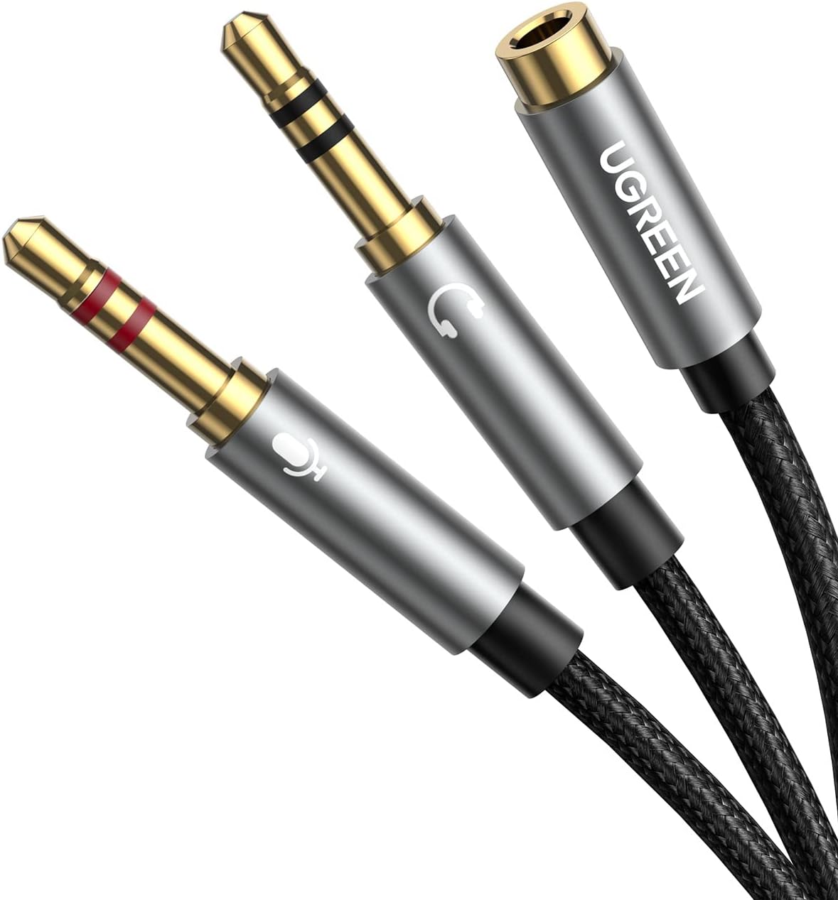 UGREEN CABLE DE DIVISOR DE 2 CLAVIJAS DE AURICULAR/MICRÓFONO SEPARADAS 3.5MM MACHO A MIC Y AUDIO 3.5MM HEMBRA PARA AURICULARES, CARCASA DE ALUMINIO (GRIS)