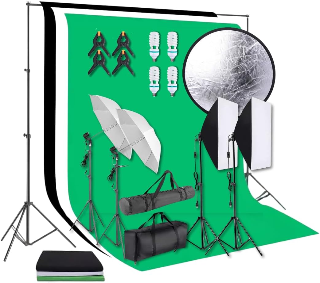MASTERY BRAND KIT DE LUCES PARA FOTOGRAFIA, KIT DE ILUMINACIÓN FOTOGRÁFICO PROFESIONAL: SOFTBOX, SET SOMBRILLAS, FOCOS 45W LUZ LED, CICLORAMA PANTALLA VERDE DE FONDO 2X3M PARA STREAMING, VIDEOS Y FOTO