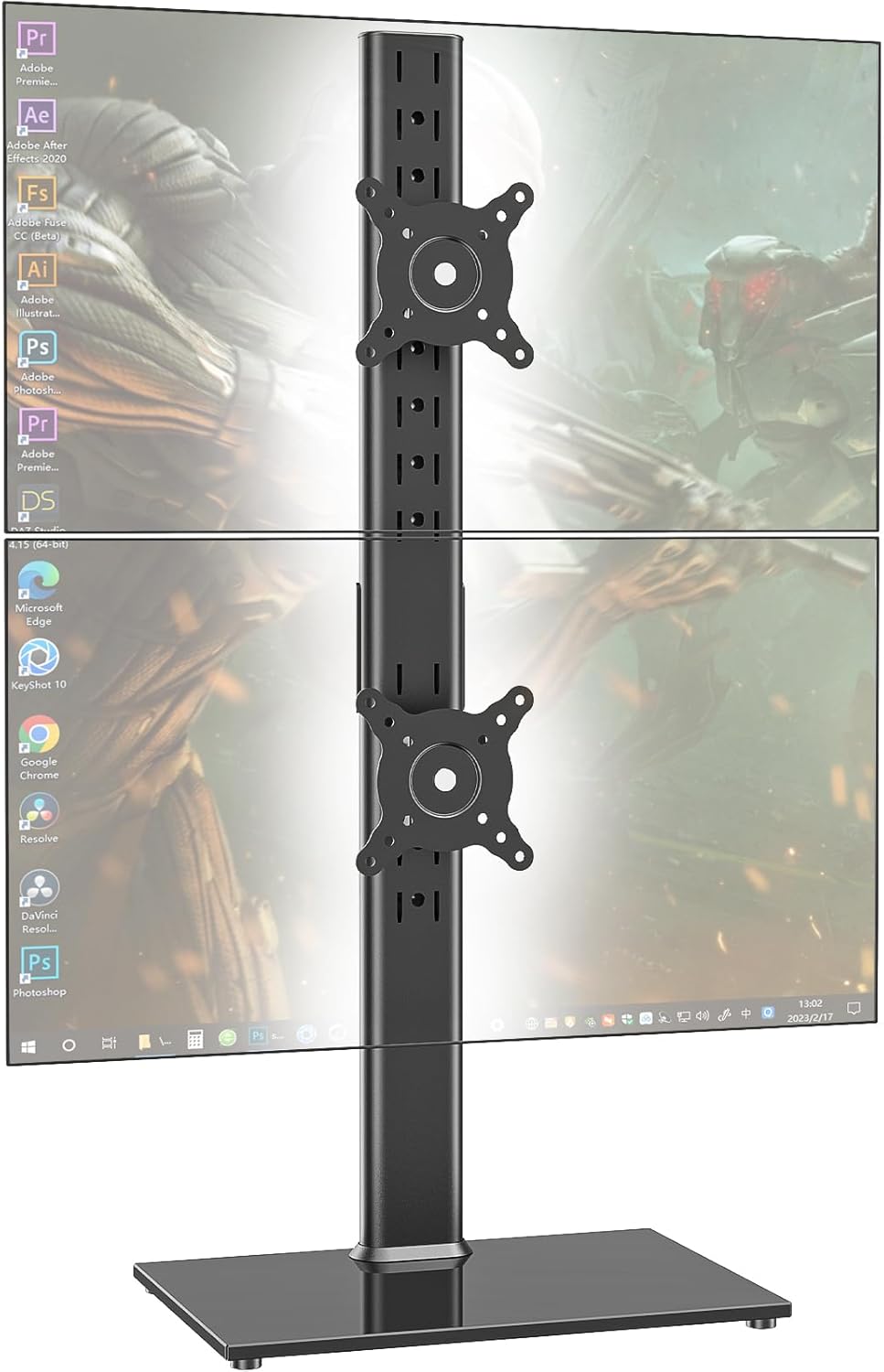 SOPORTE PARA MONITOR DUAL – VISUALIZACIÓN VERTICAL DE APILAMIENTO DE COMPUTADORA NO EMPOTRADO PARA DOS MONITORES DE COMPUTADORA DE 13 A 34 PULGADAS CON GIRATORIO, INCLINACIÓN, ALTURA AJUSTABLE