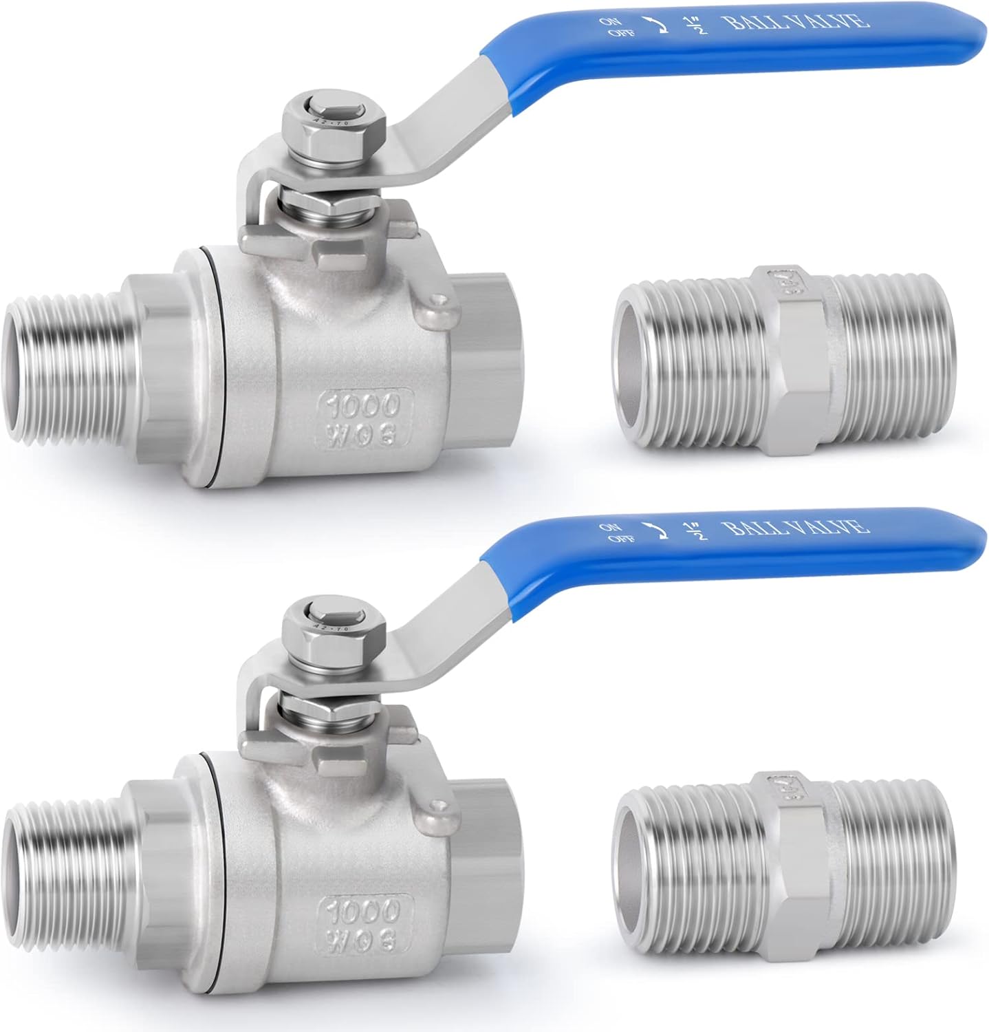 TAISHER 2 PCS 1/2 NPT HOMBRE X 1/2 NPT FEMALE HEAVY DUTY BALL VALVE KIT, 304 STAINLESS STEEL CON MANZANAS Y PEZÓN