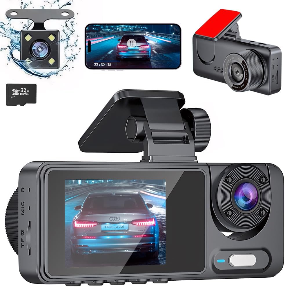 JESWO CÁMARA WIFI PARA CARRO, 2" HDR 1080P DASHCAM AUTO DELANTERA TRASERA INTERIOR CON VIGILANCIA EN ESTACIONAMIENTOS 24H, TARJETA SD 32GB, CONTROL DE APP, VISIÓN NOCTURNA, ÁNGULO ANCHO 170 AGRADOS