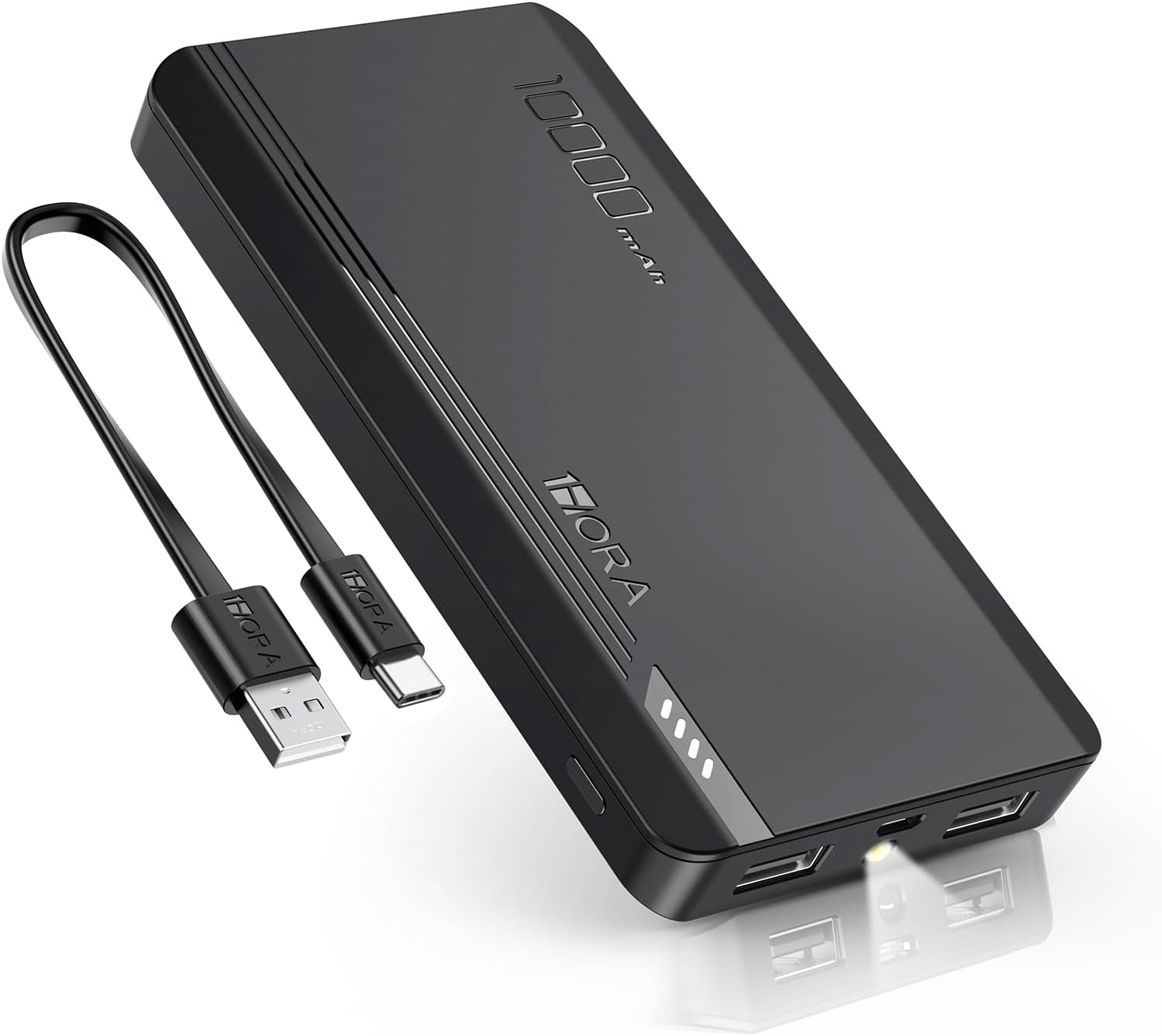 1 Hora Power Bank 10000 mah Ultra Slim de Bateria Portatil Lámpara incorporada Carga USB con Cable Tipo-C 20CM, Compatible para IP, Samsung, Xiaomi, Negro