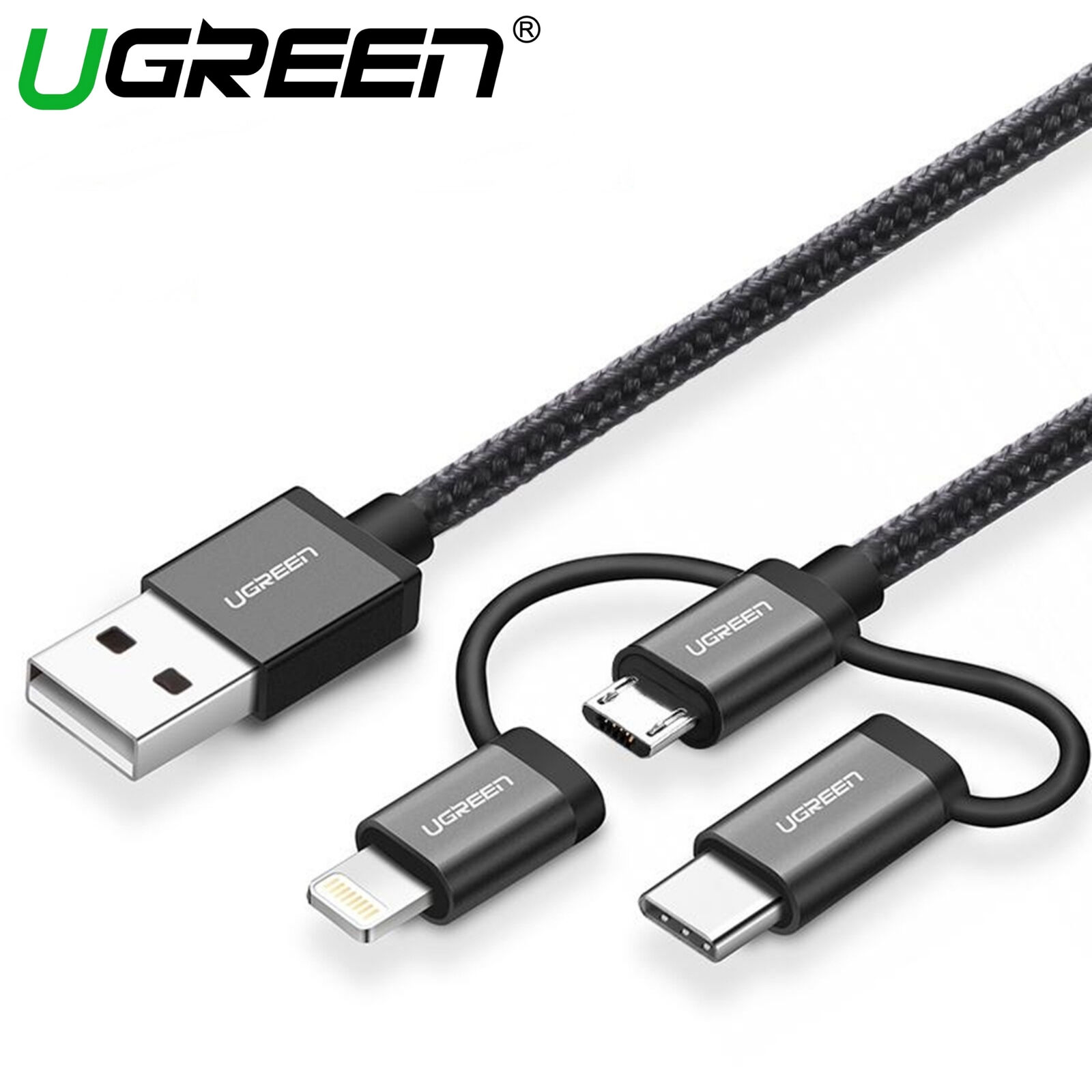 CABLE UGREEN 3 en 1 Multi USB 1M Cable de carga iPhone Micro USB TIPO C Negro 80326