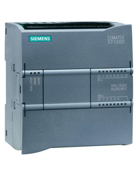 SIMATIC S7-1200, CPU 1212C, CPU compacta AC / DC / relé, E / S INTEGRADAS: 8 DI DC 24V; 6 DO, relé 2 A; 2 AI 0-10V DC, fuente de alimentación: AC 85-264 V AC con 47-63 Hz, memoria de programa / datos 50 KB