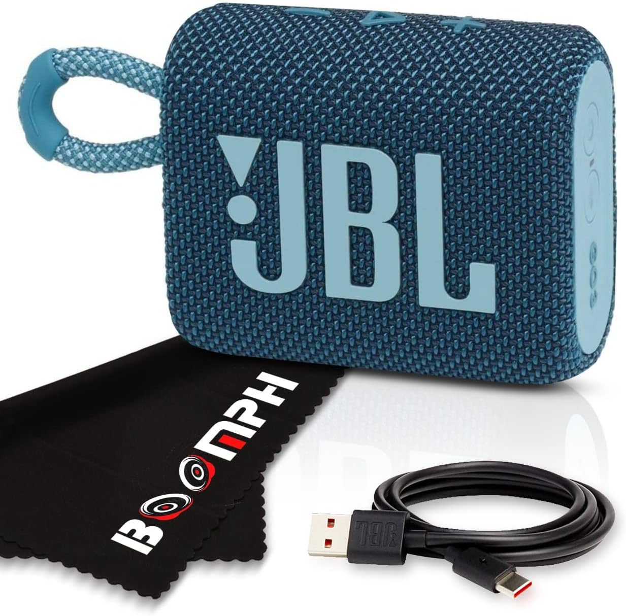 BOOMPH ON-THE-GO KIT: JBL GO 3 ALTAVOZ INALÁMBRICO BLUETOOTH PORTÁTIL, IP67 IMPERMEABLE Y A PRUEBA DE POLVO, BATERÍA INCORPORADA, AZUL