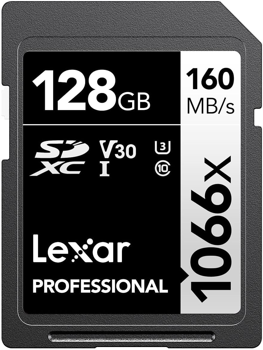 Lexar - TARJETA DE MEMORIA SDXC PROFESIONAL  1066x de 128 GB, UHS-I, C10, U3, V30,FULL  HD Y VIDEO 4K, HASTA 160 MB/S DE LECTURA PARA CAMARA REFLEX DIGITALES  Y SIN ESPEJO  (LSD1066128G-BNNNU)