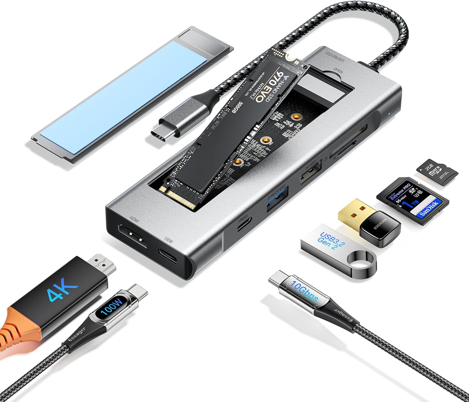 ESSAGER CONCENTRADOR  USB C 8 EN 1 CON CARCASA SSD M.2 NVMe/SATA DE 10 GBPS, 4K HDMI 1.4, USB 3.2 GEN2, PD100W, ALEACION ALUMINIO USB C SSD PARA M.2 PCIe NVMe Y SATA SSD