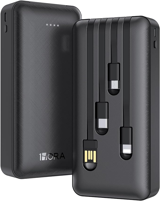 1 HORA POWER BANK 20000MAH, BANCO DE ENERGIA BATERIA PORTATIL CON 4 CABLES INCORPORADOS USB, TIPO C, MICRO USB PILA PORTATIL COMPATIBLE PARA IP, SAMSUNG, XIAOMI, CON UN 20 CM CABLE MICRO USB NEGRO.