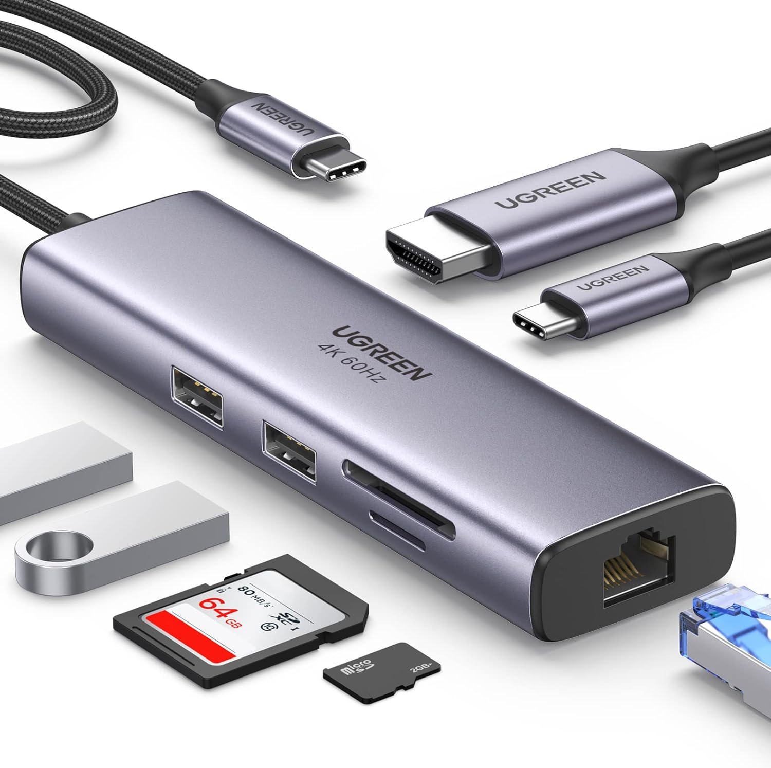 UGREEN HUB  USB C, 7 EN 1 ADAPTADOR  USB C A HDMI 4K 60Hz, GIGABIT ETHERNET, 100W PD CARGA , LECTOR DE TARJETAS SD TF, 2 USB 3.0 COMPATIBLE CON MACBOOK PRO AIR M1 M2 IPAD IPHONE  15 DELL SWITCH STEAM DECK