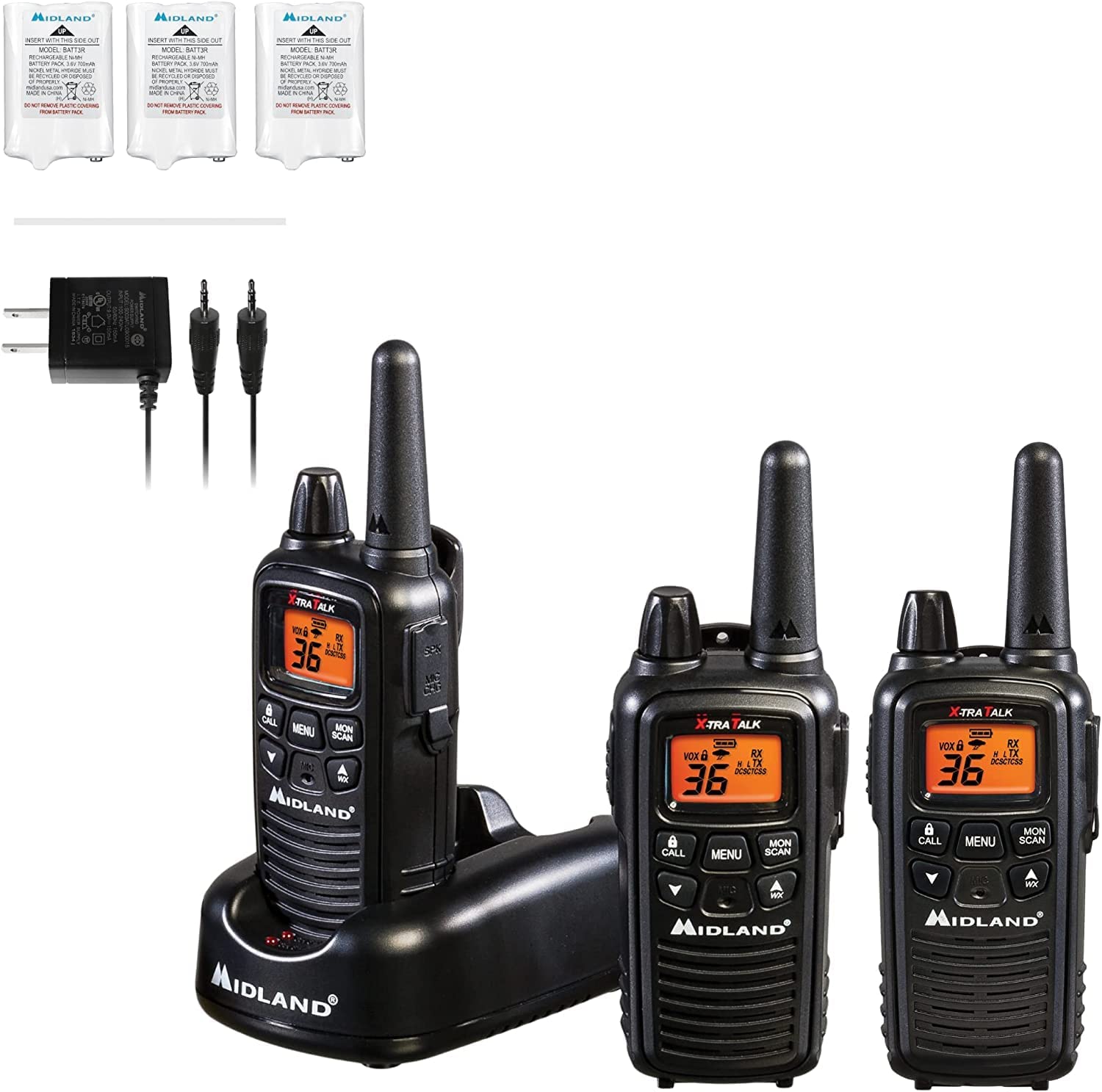 Midland - LXT633VP3 Radio bidireccional Walkie Talkies de largo alcance - Funcionamiento silencioso de 36 canales - Equipo overlanding - Tecnología de alerta meteorológica NOAA - visualización LCD retroiluminada (paquete de 3)