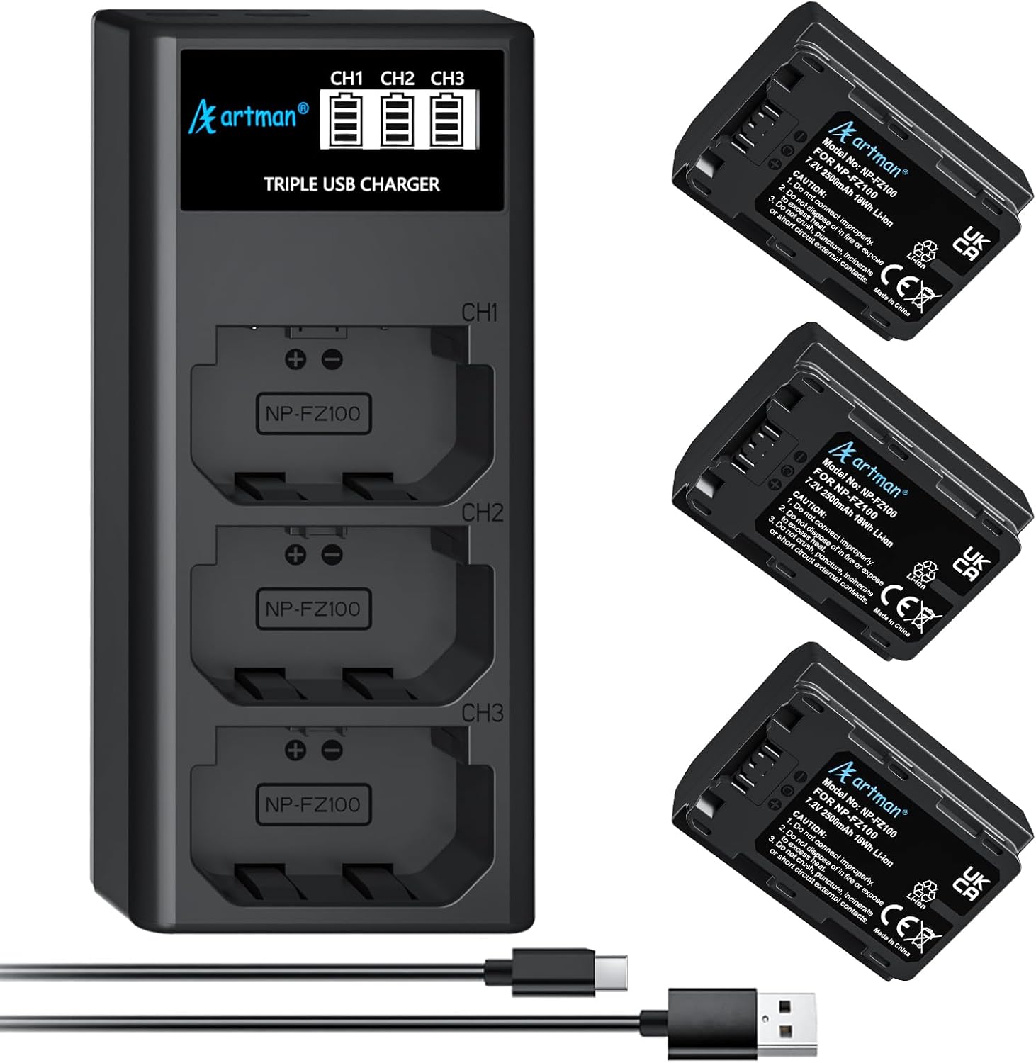 ARTMAN PAQUETE DE 3 BATERÍA NP-FZ100 2500MAH Y CARGADOR LCD DE 3 RANURAS PARA SONY FX3 FX30 A7 III A7 IV A7R III A7R IV A9 A6600 A7R3 A7S III/A7S3 A7C ALPHA 9 ALPHA A9 II ALPHA 9R A9R ALPHA 9S CÁMARA