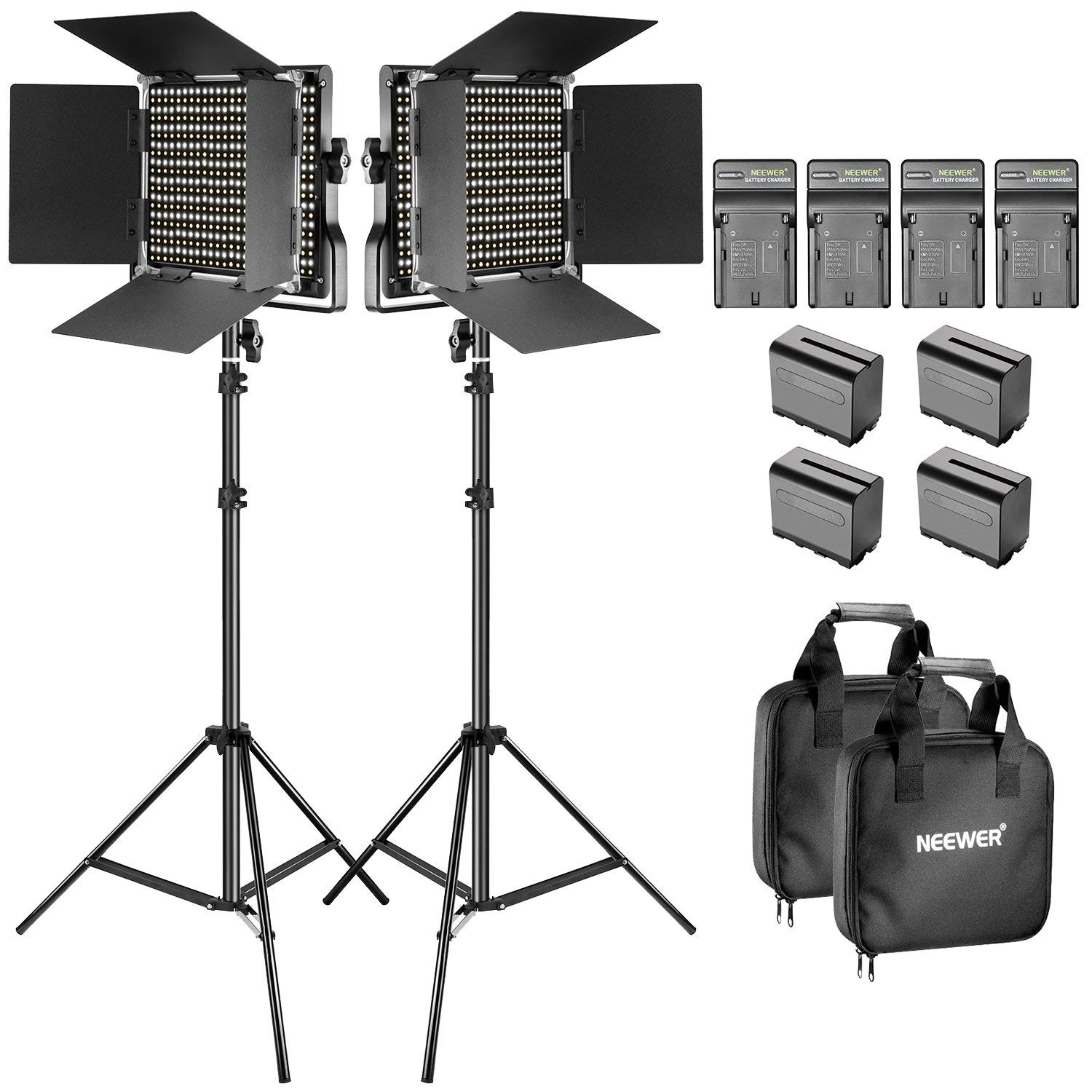 Neewer Bi-color LED Video Light and Stand Kit with Battery and Charger-660 LED with U Bracket and Barndoor(3200-5600K,CRI 96+), 3-6.5 feet Adjustable Light Stand for Studio, YouTube Shooting (2 Pack).  Contents: 2 x 660 LED Video Light. 2 x Light Stand. 4 x Battery Charger. 4 x Battery. 2 x Power Adapter.  2 x US Plug. 2 x White Diffuser. 2 x Carrying Case