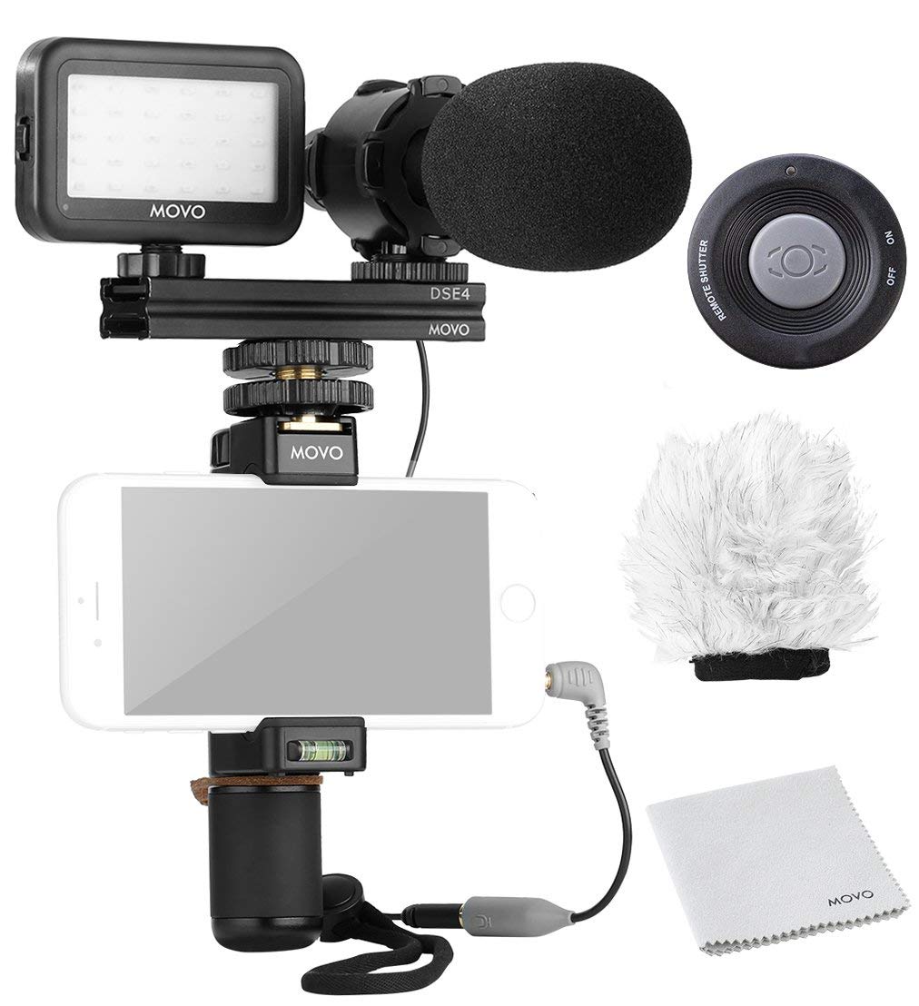 Movo Smartphone Video Rig Kit V7 con Grip Rig, Pro Stereo Microphone, LED Light & Wireless Remote  para iPhone 5, 5C, 5S, 6, 6S, 7, 8, X, XS, XS, XS Max, Samsung Galaxy, Note & Más