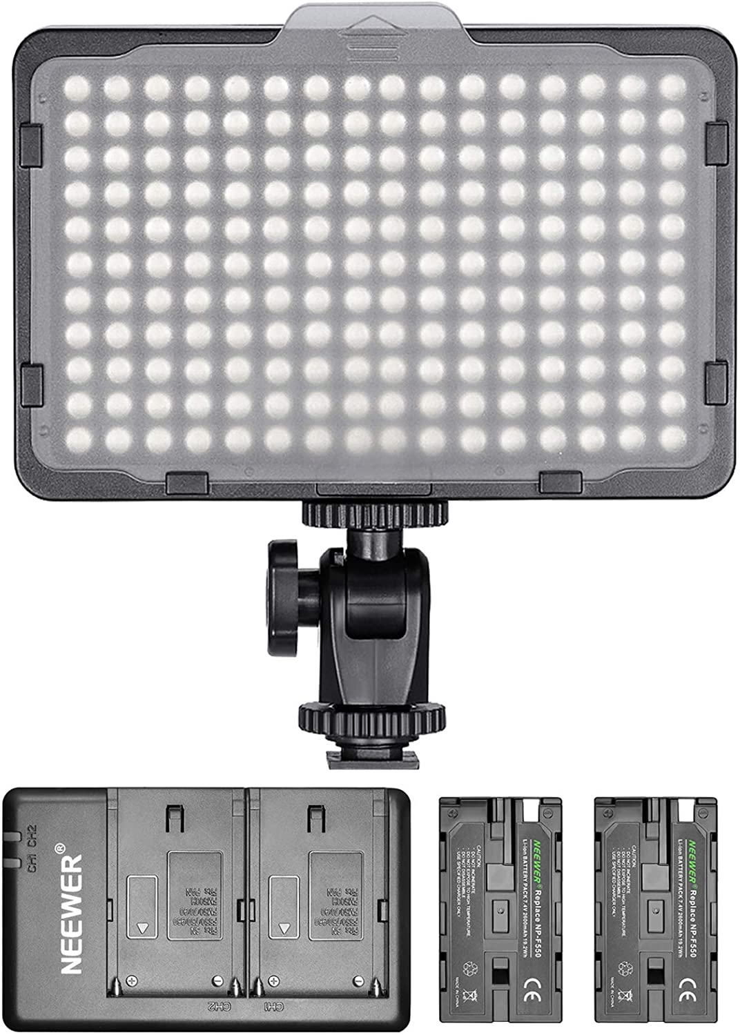 Neewer Luz de video regulable de 176 LED con paquete de 2 baterías de iones de litio de 2600 mAh y cargador de batería USB dual, kit de iluminación para Canon, Nikon y otras cámaras digitales SLR para estudio fotográfico y grabación de video