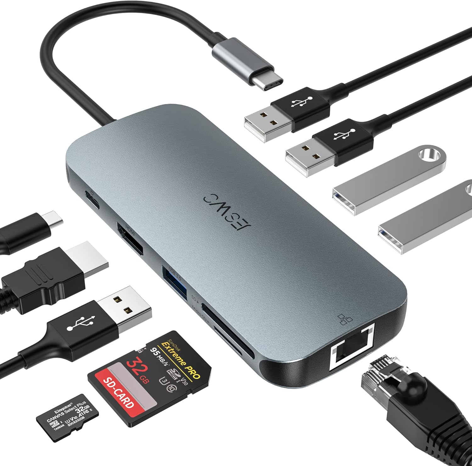 JESWO USB C Hub, 10 en 1 Adaptador Multipuerto USB C con HDMI 4K, 3*USB 3.0, 2*USB 2.0, USB C 100W PD Carga, Ethernet RJ-45 de 1000 W, Lector de Tarjetas SD/TF, Compatible con Macbook Pro/Air, DELL