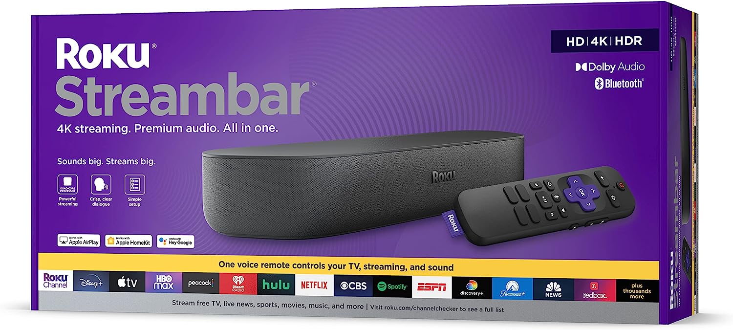 ROKU Streambar | Reproductor Multimedia de transmisión 4K/HD/HDR y Audio Premium, Todo en uno, Incluye Control Remoto de Voz