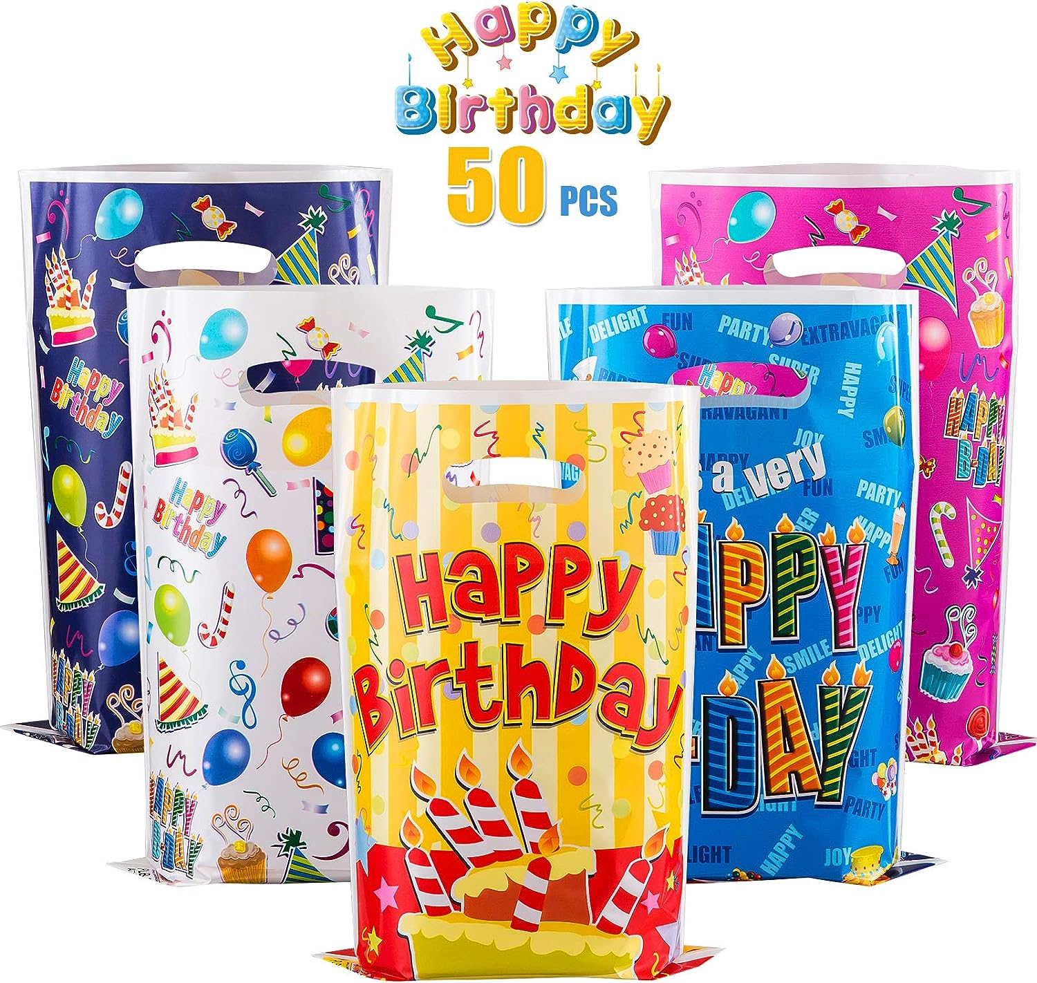 GWHOLE 50 Bolsas de Regalo Bolsas Plástico para Regalos Fiestas Infantiles de Cumpleaños -16,5 x 25cm Bolsas para Dulces de Colores Decoraciones Festival Bolsas de Regalo
