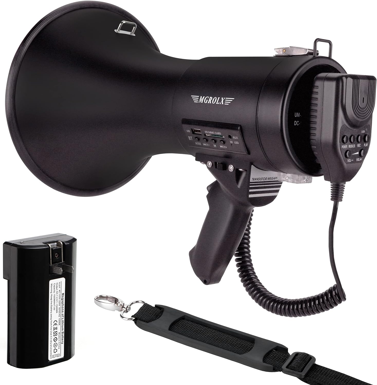 MGROLX BLUETOOTH MEGAPHONE BULLHORN, 50WATT LOUD SPEAKER W/RECHARGEABLE BATTERY, BUILT-IN SIREN AND 260S RECORDING, USB/SD/AUX INPUT-FOR OUTDOOR, POLICE, CHEERLEADING(MATTE BLACK)