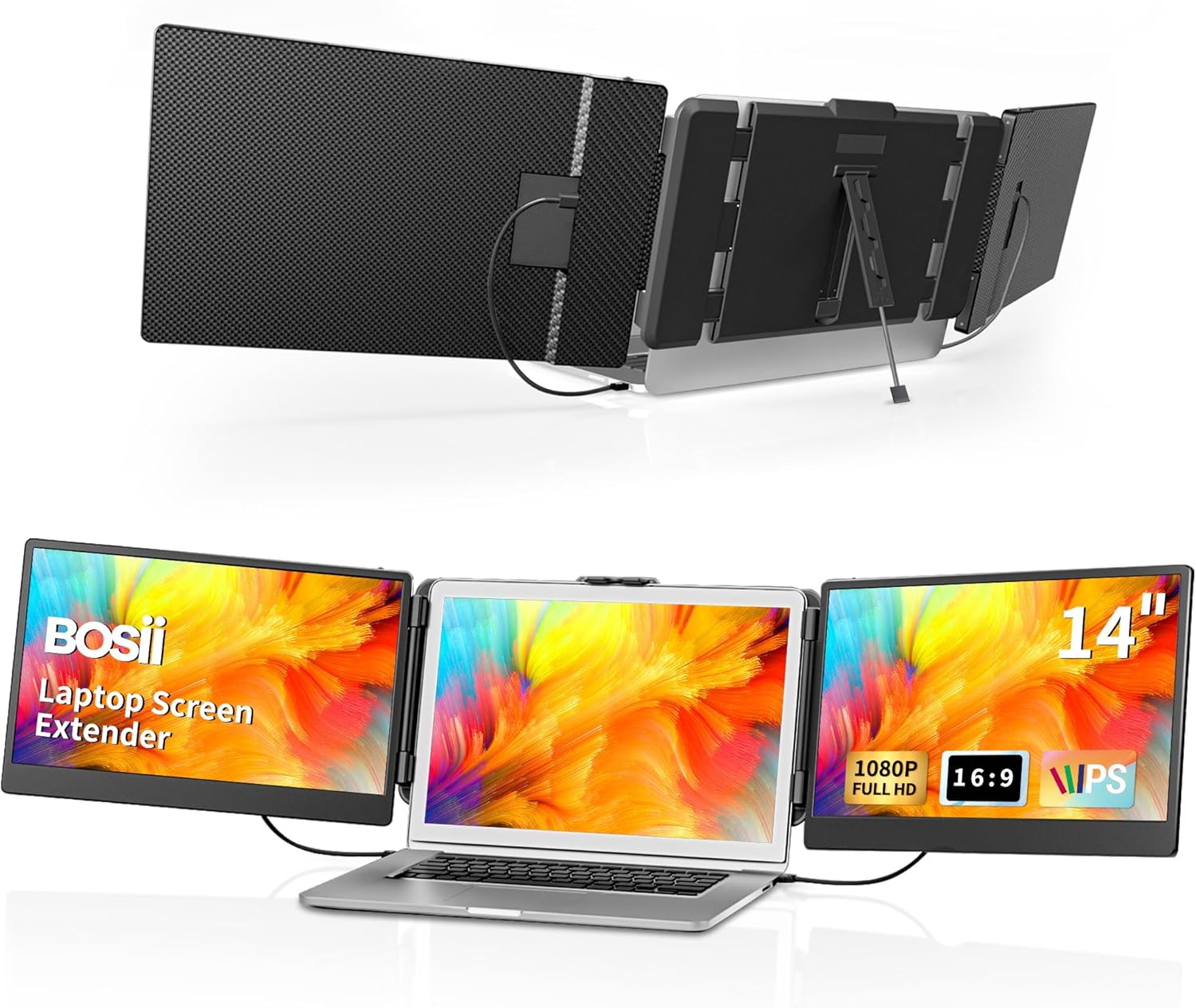 BOSII - EXTENSOR DE PANTALLA PORTÁTIL - MONITOR EXTENDIDO DE 14 PULGADAS TRIPLE IPS FHD 1080P HDMI/USB-A/TIPO-C PARA PORTÁTILES (LONGITUD MÁXIMA: 15.7 PULGADAS) COMPATIBLE CON WINDOWS MAC TRAVEL WORK