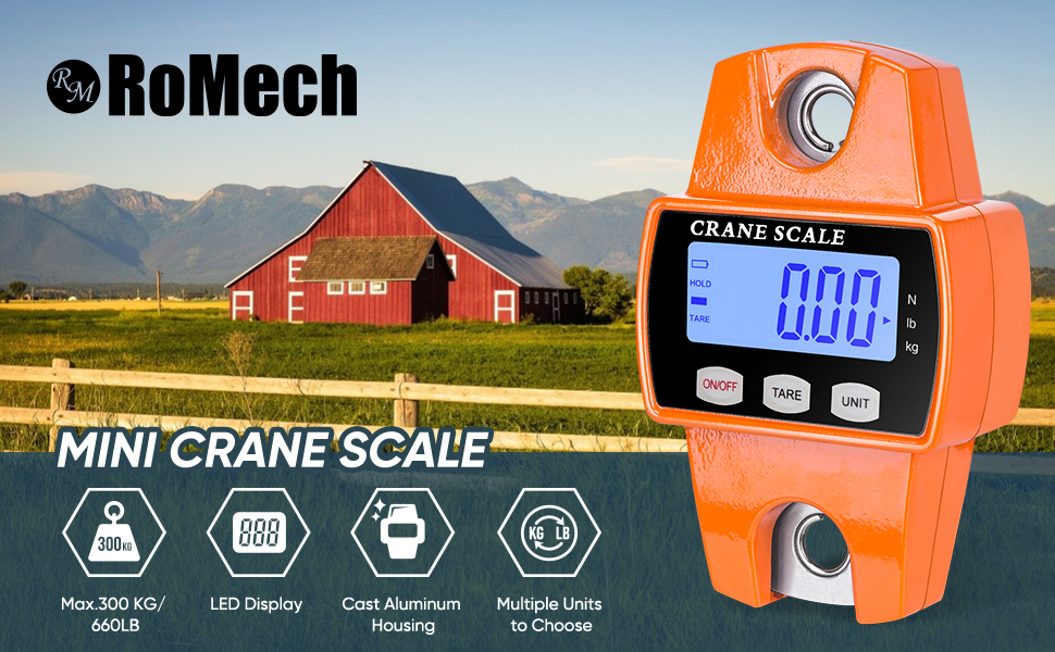 RoMech Escala digital colgante de 660 lb  (300kg)con caja de aluminio fundido, balanza de mano de 661.4 lbs con ganchos para granja caza pesca al aire libre (naranja)