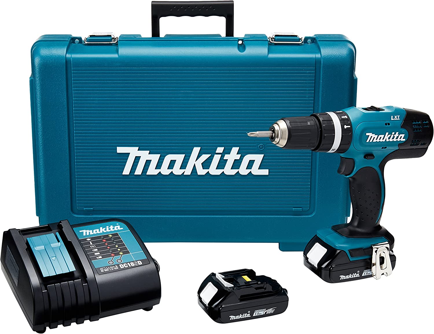 Makita DHP453SYE Combo Rotomartillo Atornillador 1/2" V.V.R, 2 Velocidades 0-400/0-1500 Rpm y Cargador con Freno Maletín, 18V, color Verde Agua