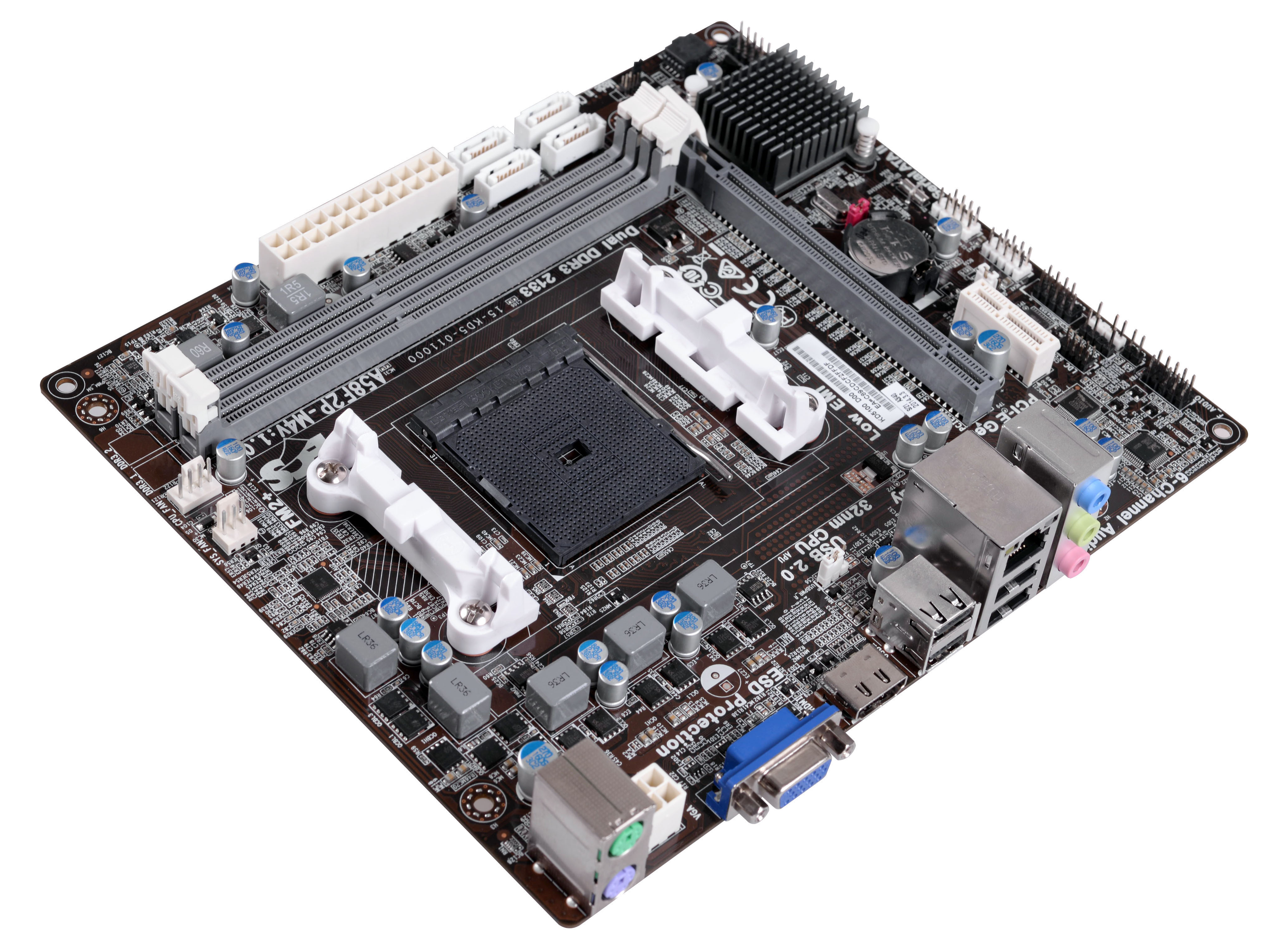 ECS MB A58F2P-M4 SOCKET FM2+, 2 X 240-PIN DDR3 DIMM SOCKET MAX 32GB, 1 X PS/2 KEYBOARD & PS/2 MOUSE CONNECTORS,  1 X AUDIO PORT, 1 X RJ-45 PORT 1 X HDMI PORT, 1 X D-SUB (VGA) Win 7/8/8.1 32/64 Bits