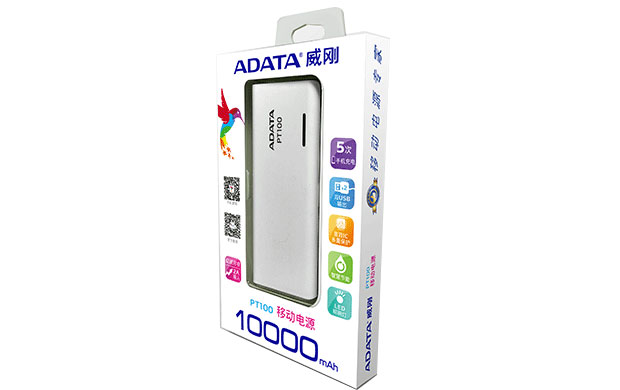 ADATA CA APT100-10000M-CWHBL PT100 DC 5V / 2A (MICRO USB)  DC 5V 1A (USB TIPO A) 10000M AH BATERIA PORTATIL RECARGABLE COLOR BLANCO