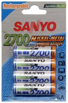 Sanyo 2700 mAh, HR-3U (HR6) 1.2V AA Rechargeable Batteries, 4 Pack, Carded