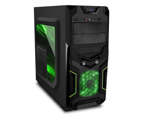 PIXXO CS CG-04R0 EAGLE WARRIOR Micro ATX / ATX BAHIAS 5.25 x 2, 3.5 x 1 EXTERNO 3.5 x 3 INTERNO, HDD RACK PARA 2.5 SSD EXP SLOTS 7 FAN FRONTAL 12cm LED GREEN