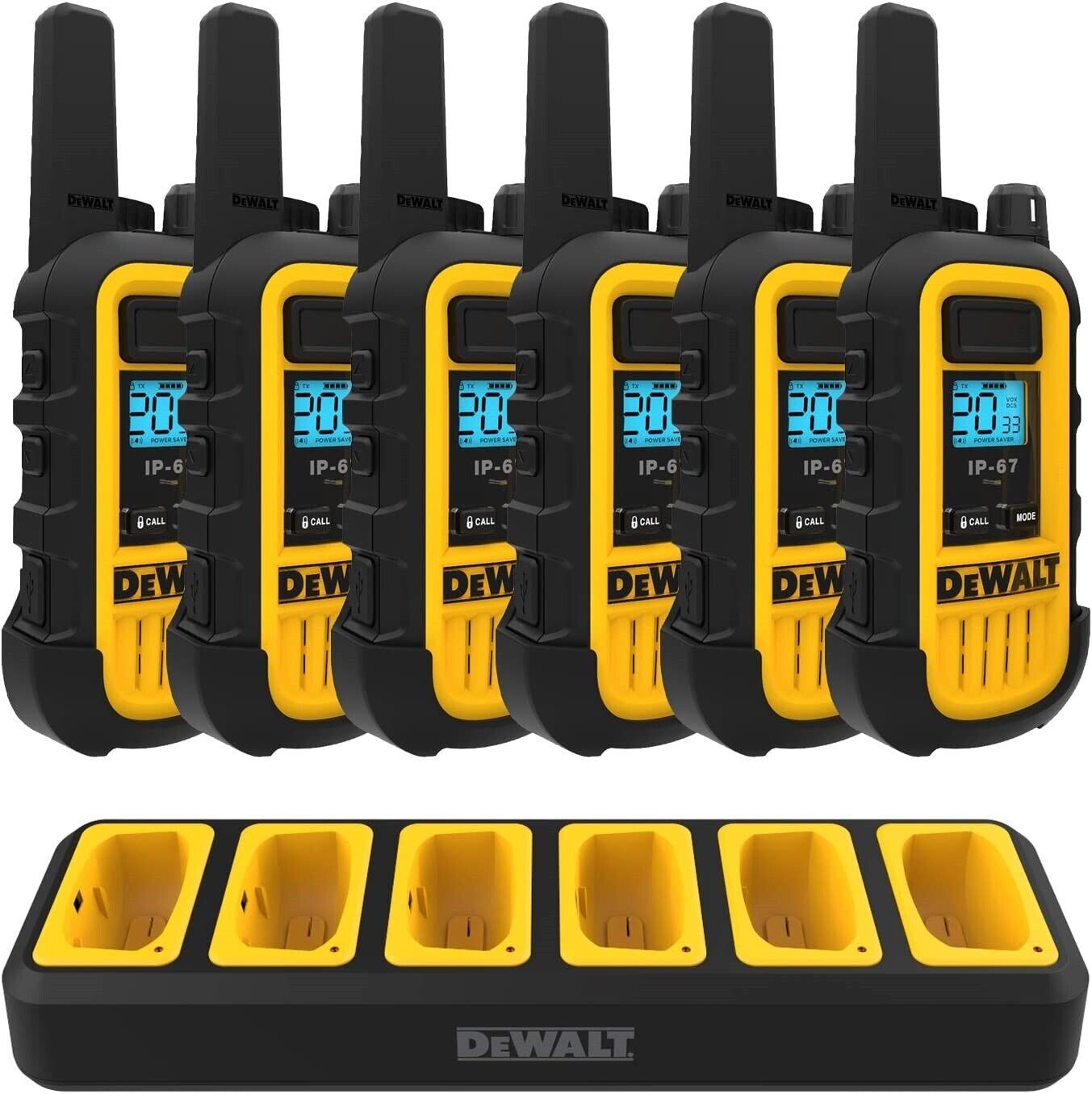 DEWALT DXFRS300 Walkie Talkies de alta resistencia de 1 vatio, impermeable, resistente a los golpes, de largo alcance y radio bidireccional recargable con VOX (6 unidades con cargador de bandas) (DXFRS300-BCH6)