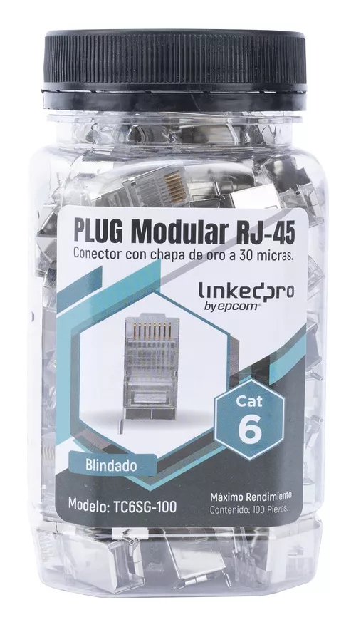 PLUG MODULAR RJ45 CAT6 BLINDADO PIN A TIERRA BOTE 100 PZ 30M