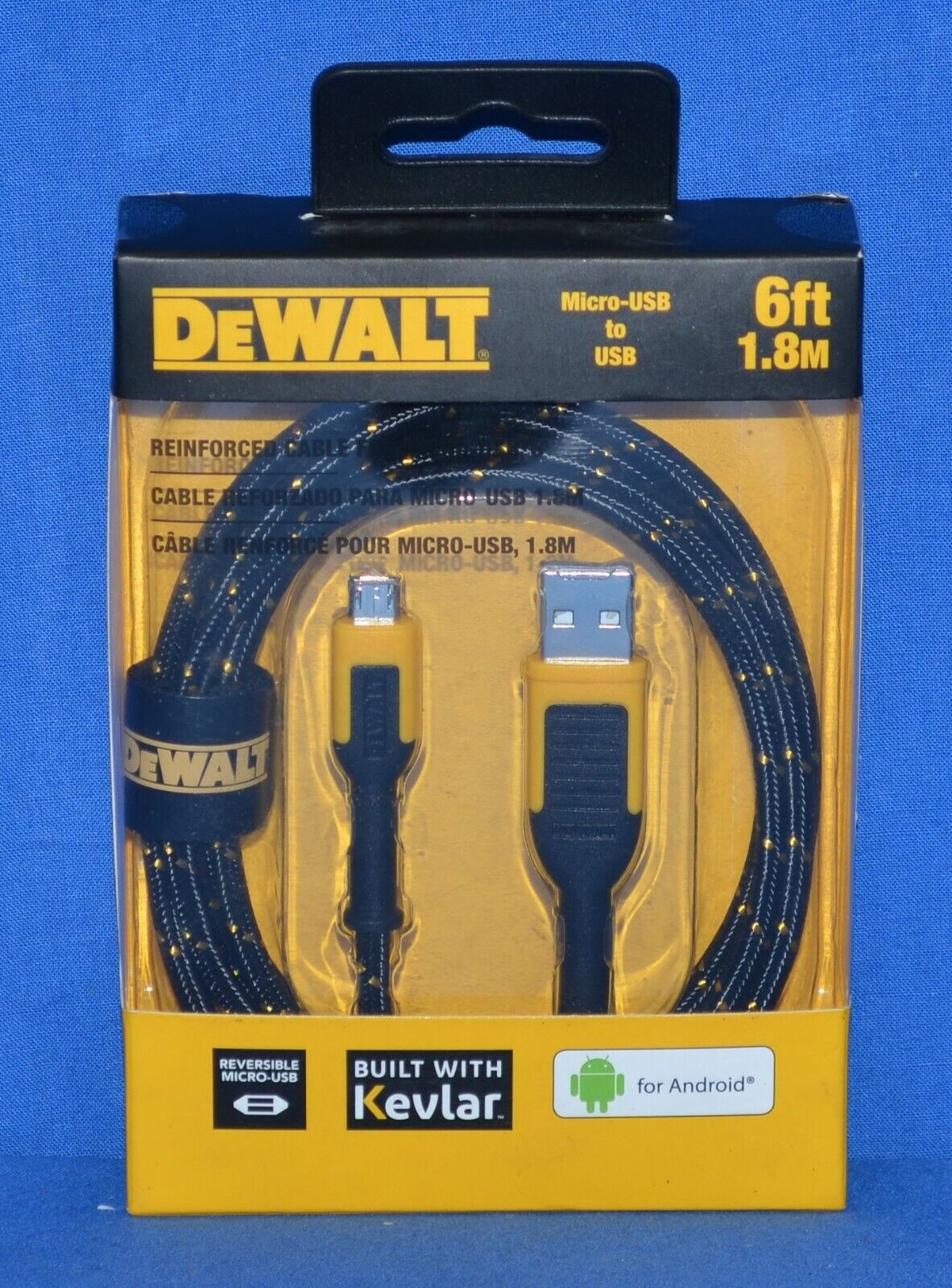 Puerto micro y USB trenzado negro/amarillo DeWalt para cualquier dispositivo alimentado por USB 6 pies