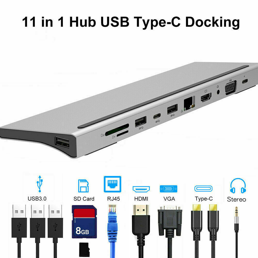 Docking Station 11 in 1 HDMI USB 3.0 C Hub 3.5MM VGA for Macbook HP DELL PD SD