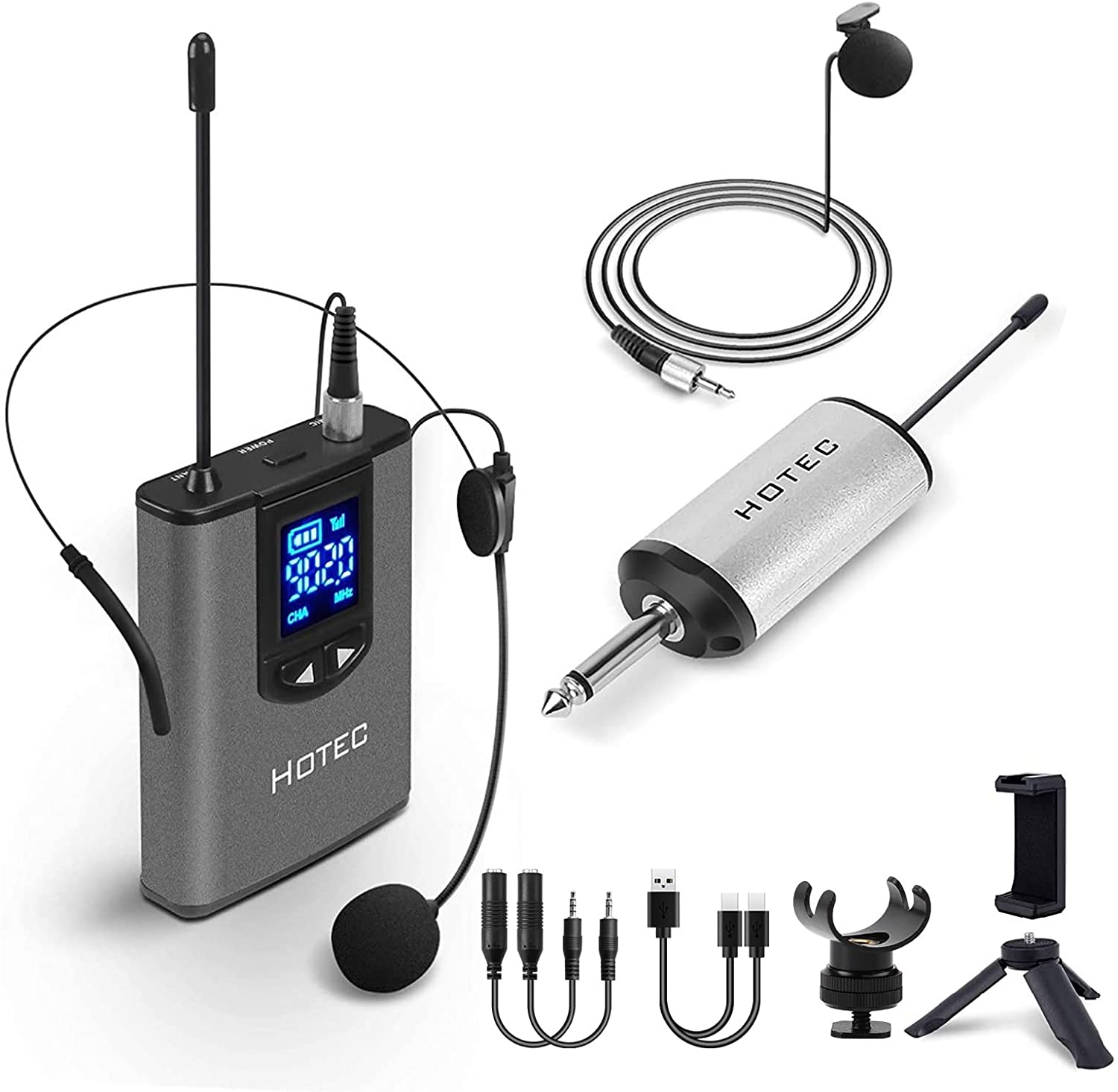 HOTEC UHF - Micrófono de solapa con transmisor y mini receptor recargable, salida de 1/4 pulgadas para vlogging o voz