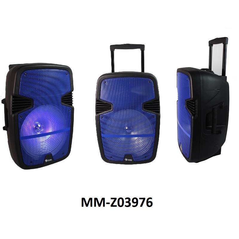 STYLOS MM STSBAX3A BAFFLE SISTEMA DE ALTAVOZ 15 Pulgadas AZUL 9,700W P.M.P.O CONEXION USB/TF, BLUETOOTH, RADIO FM, 1 MICROFONO INCLUIDO BATERIA RECARGABLE LUZ LED CONTROL REMOTO, ENTRADA DE MICROFONO