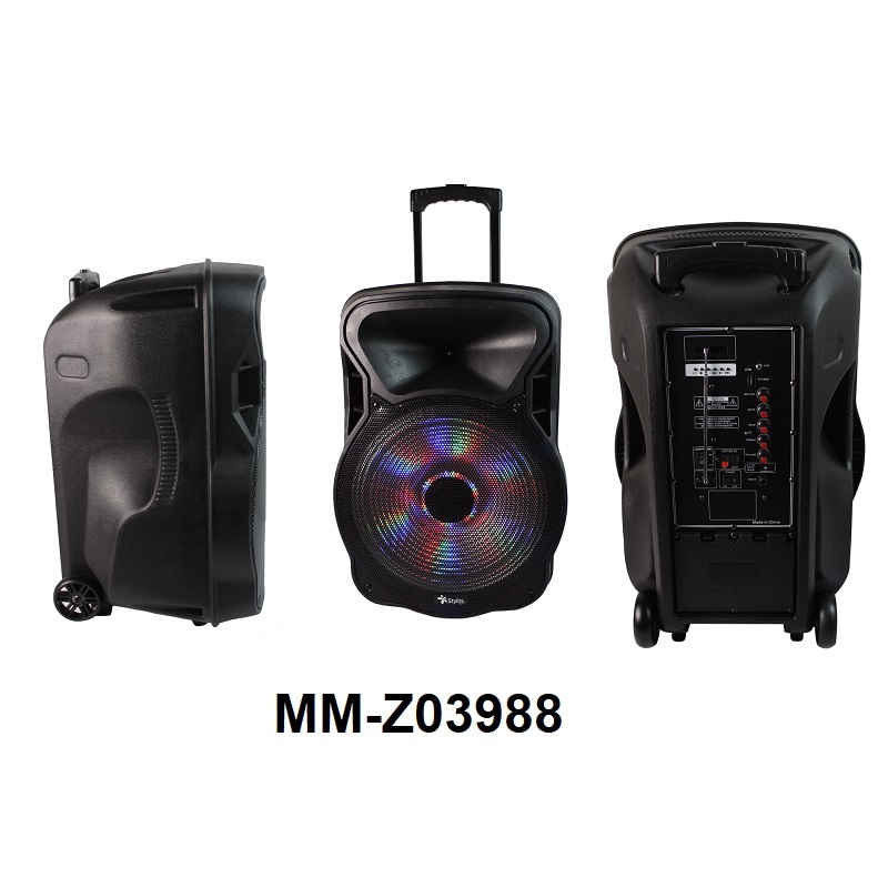 STYLOS MM STSBAX4A BAFFLE SISTEMA DE ALTAVOZ PRO 15 Pulgadas HE CONEXION USB/TF BLUETOOTH RADIO FM, 12,000 W P.M.P.O. 1 MICROFONO INALAMBRICO INCLUIDO  BATERIA RECARGABLE, LUZ LED, INCLUYE TRIPIE