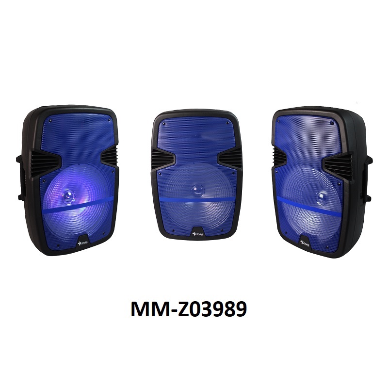 STYLOS MM STSBAX5A BAFFLE SISTEMA DE ALTAVOZ 8 Pulgadas AZUL  2,600 W P.M.P.O. CONEXION USB/TF, BLUETOOTH, RADIO FM, 1 MICROFONO ALAMBRICO INCLUIDO, BATERIA RECARGABLE, LUZ LED CONTROL REMOTO