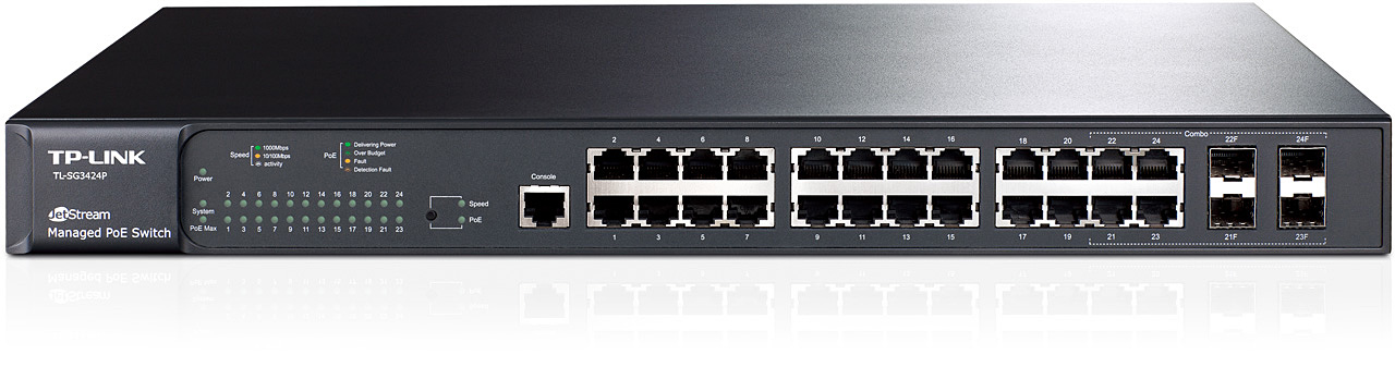 TP-LINK NP TL-SG3424P SWITCH ADMINISTRABLE 24 PUERTOS GIGABIT PoE L2 JETSTREAM 4 PUERTOS COMBO RJ45/SFP FUENTE PODER 320W