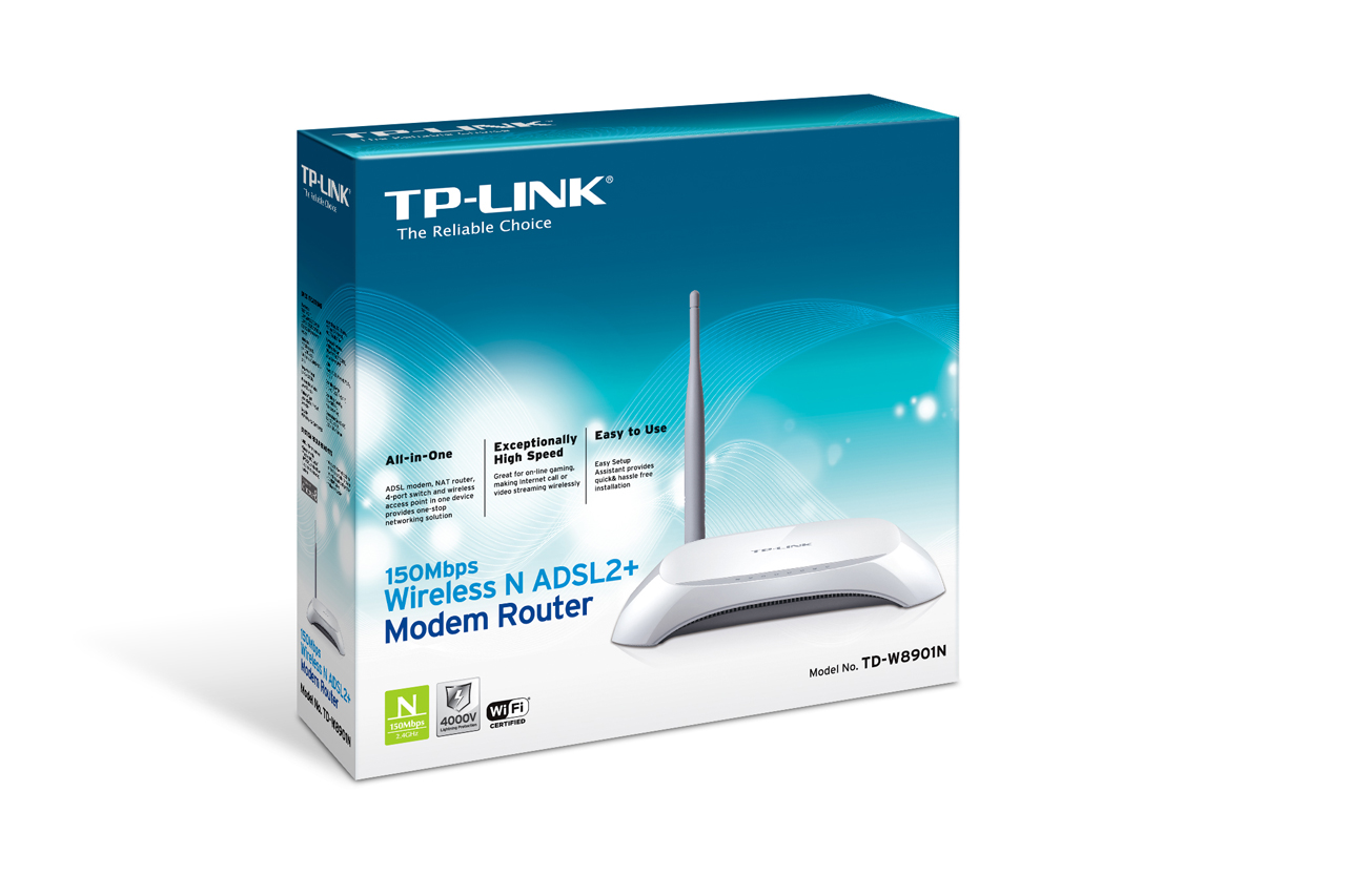 TP-LINK NP TD-W8901N, ROUTER MÃ“DEM INALÃMBRICO N 150MBPS  ADSL2+, MTK CHIPSET, ADSL/ADSL2/ADSL2+, ANNEX A, CON ADSL SPLITTER, 802.11N/G/B, 1 ANTENA DESMONTABLE, WI-FI ON/OFF. SWITCH 4 PUERTOS.