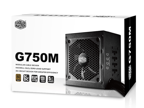 CM PW G750M 80PLUS BRONZE 85% Eff. MODULAR RS750-AMAAB1-US OUTPUT CAPACITY 750W RS750-AMAAB1 ATX DIMENSION 150 X 140 X 86MM, INPUT VOLTAGE 100-240VAC, INPUT FREQUENCY RANGE 60 - 50HZ