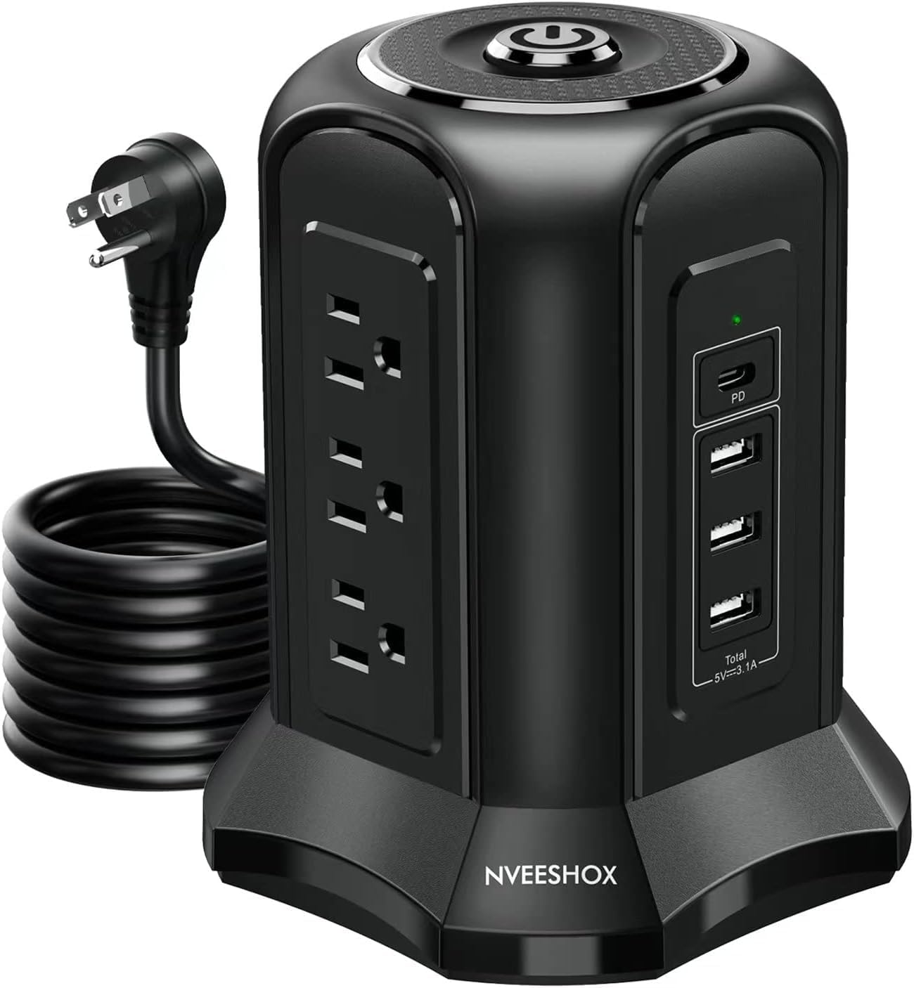 Regleta de Alimentación Multicontacto de Torre,Regleta de Enchufes, Protector Contra Sobrecargas, Cable de Extensión con 9 Tomacorrientes de CA,4 USB-A 1 USB-C,Extension Electrica de 3 m /10 ft Cord