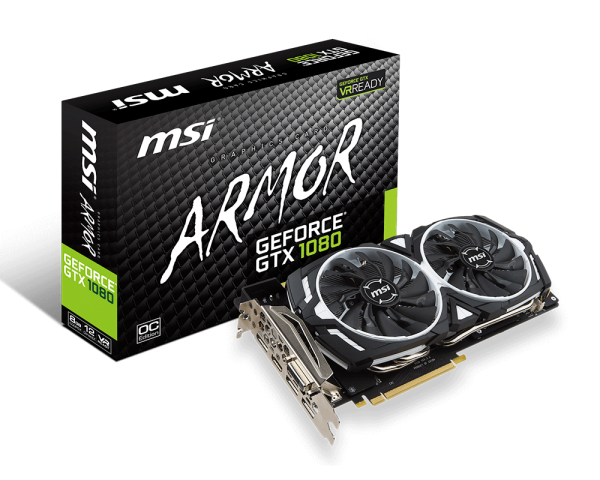 MSI VC GTX 1080 ARMOR 8G OC, NVIDIA GEFORCE GTX 1080, PCI EXPRESS X16 3.0, GDDR5X 8GB, DISPLAYPORT X 3, HDMI, DL-DVI-D, MAX RESOLUTION 7680 X 4320,