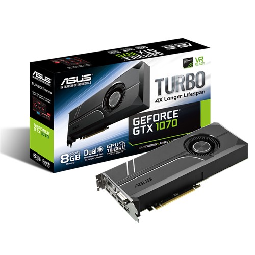 ASUS VC TURBO-GTX1070-8G, GEFORCE GTX 1070, PCI EXPRESS 3.0, OPENL GL 4.5, GDDR5 8GB, MAX RESOLUTION 7680 X 4320, DVI X 1, HDMI X 2, DISPLAY PORT X 2.