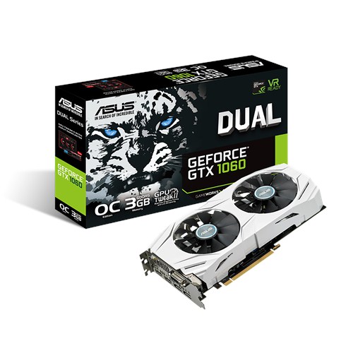 ASUS VC DUAL-GTX1060-O3G, NVIDIA GEFORCE GTX 1060, PCI EXPRESS 3.0, OPEN GL 4.5, GDDR5 3GB, MAX RESOLUTION 7680 X 4320, DVI X 1, HDMI X 2, DISPLAY PORT X 2.