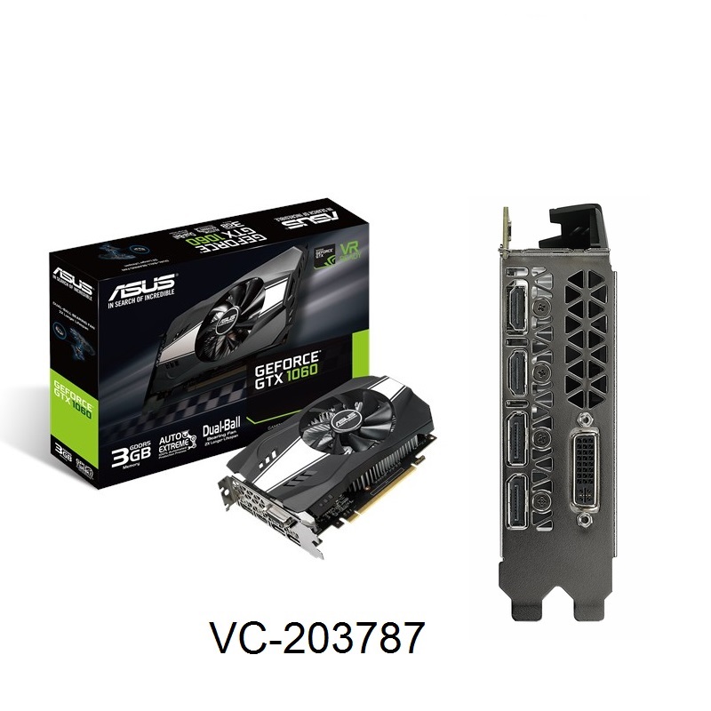 ASUS VC PH-GTX1060-3G, NVIDIA GEFORCE GTX 1060, PCI EXPRESS 3.0, OPENGL 4.5, GDDR5 3GB, DVI-D X 1, HDMI X 2, DISPLAY PORT X 2, MAX RESOLUTION 7680 X 4320.