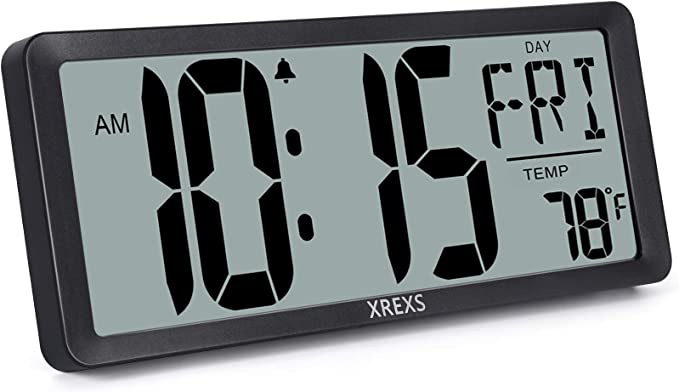 XREXS Reloj de pared digital grande, relojes despertadores que funcionan con pilas para decoración del dormitorio del hogar, temporizador de cuenta arriba y abajo, pantalla LCD grande de 14.17 pulgadas con visualización de hora/calendario/temperatura (pilas incluidas)