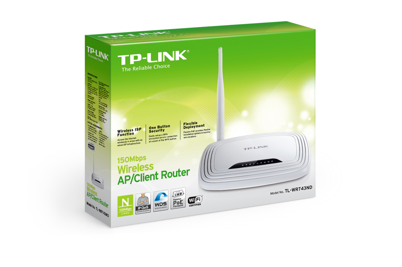 TP-LINK NP TL-WR743ND ROUTER AP / INALAMBRICO N 150Mbps, CHIPSET ATHEROS 1T1R, 2.4GHz, SWITCH 4 PUERTOS INTEGRADOS CONTROL ACCESO Y FIREWALL ANTENA DESMONTABLE