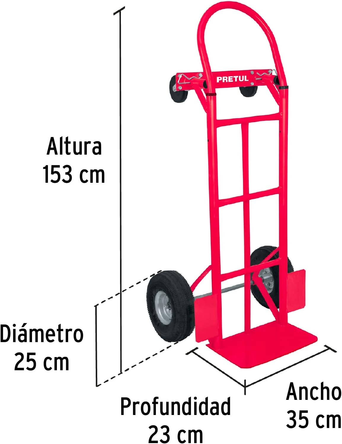 DIABLO DE CARGA   FABRICADA EN ACERO 385 KG
 153 A ANCHO 35CM PROFUNDIDAD 23CM
2 RUEDAS NEUMÁTICAS DE CAUCHO PARA USARSE EN FORMA DE DIABLO Y 2 RODAJAS GIRATORIAS DE POLIPROPILENO PARA USARLO EN POSICIÓN DE PLATAFORMA
EJE LATERAL CON TUBO Y 2 BALEROS
BASE TIPO PLATAFORMA